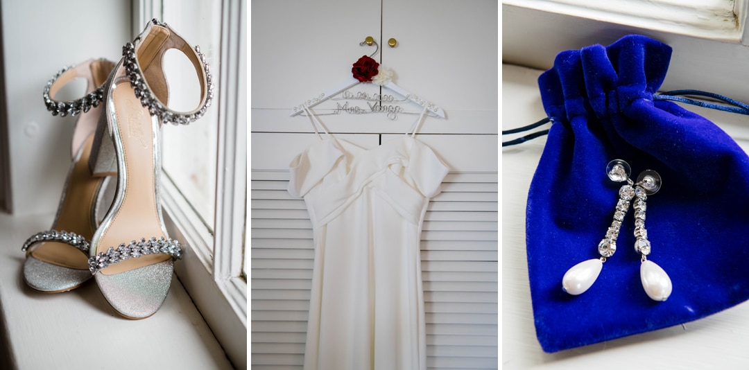 Wedding dress, diamond earrings on a blue velvet bag and a bride's sparkly high heels.
