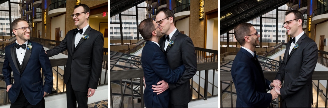 Two grooms have a first look before their wedding at the Sheraton Station Square in Pittsburgh