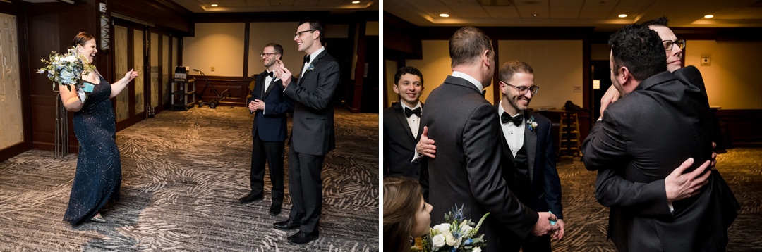 Two grooms are congratulated by their friends after their wedding ceremony.