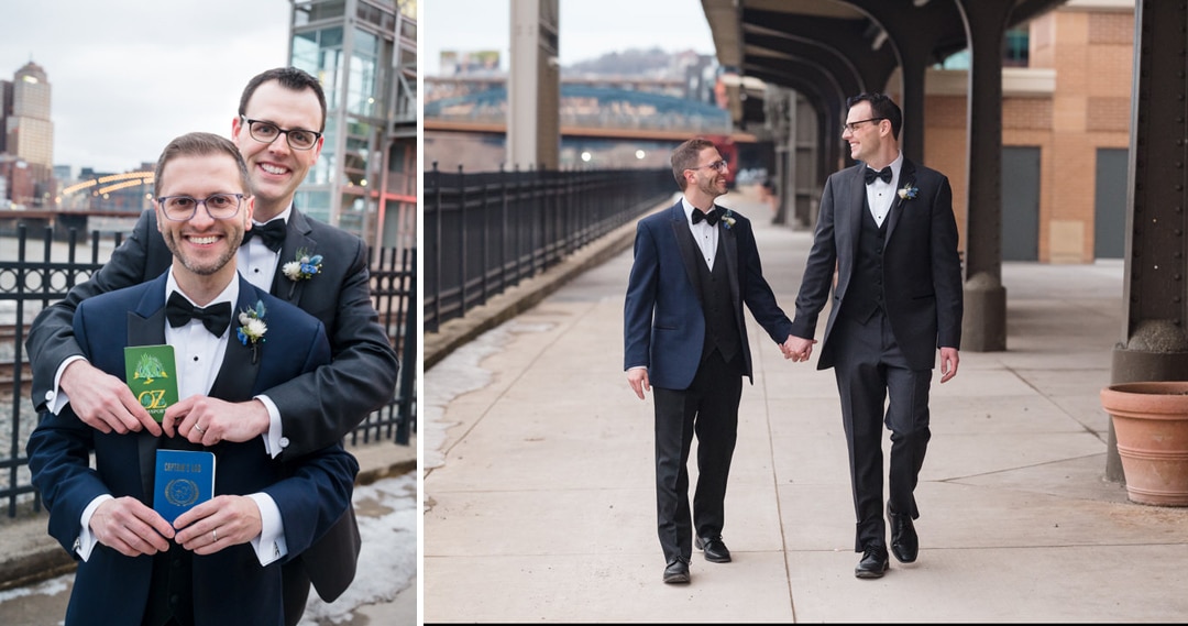 Two grooms walk hand in hand at Station Square. Two grooms embrace as they hold their wedding vows.
