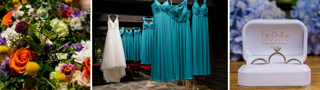 Photos of wedding and bridesmaids dresses, flowers and a diamond ring