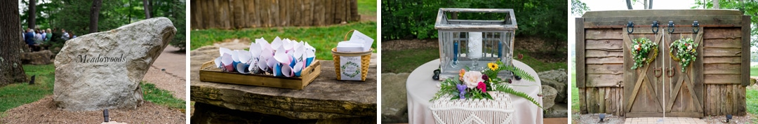 Detail photos of Meadowoods venue at Seven Springs including the marker, paper cones filled with birdseed, a box with candles and the bridal shelter.