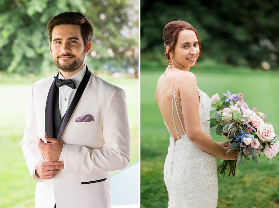 Portraits of a bride and groom at an Oakmont Country Club wedding. The groom wears a white tuxedo jacket and the bride a scooped back dress.
