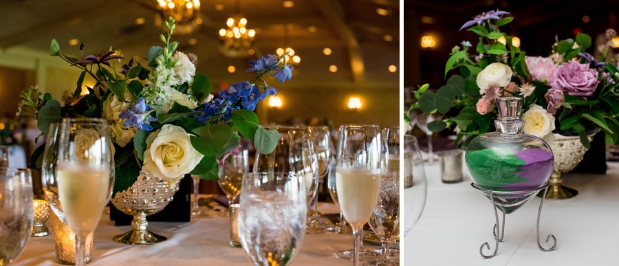 Details of flowers and linens during a wedding reception at Oakmont Country club.
