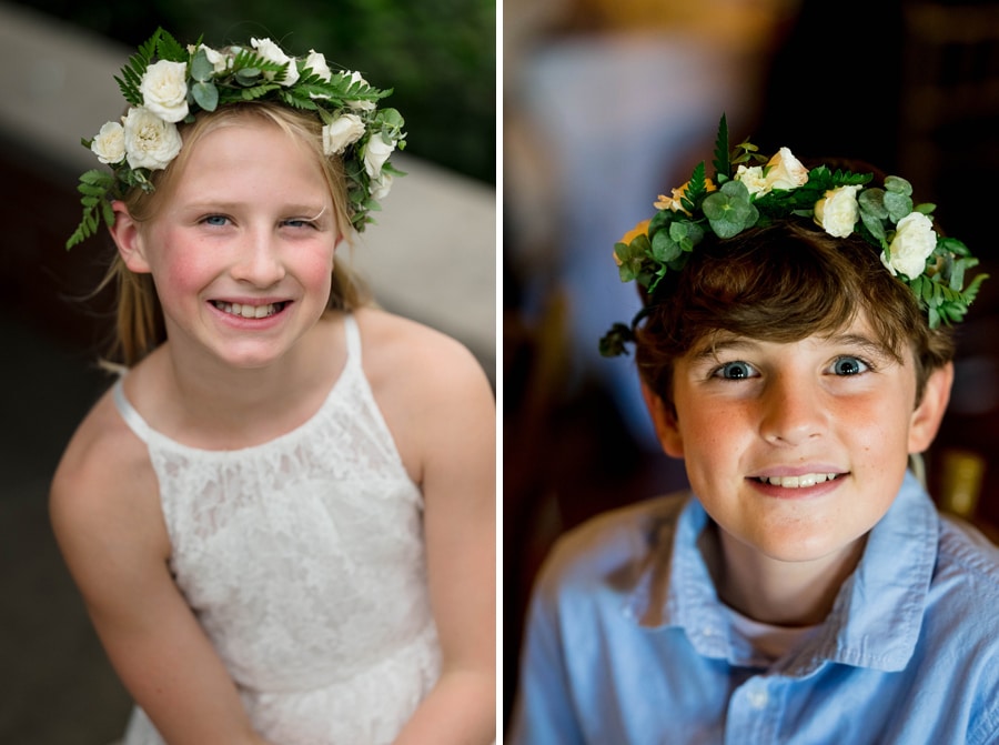 A boy and girl wearing crowns were the flower children at an Oakmont Country Club wedding.