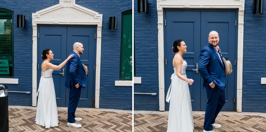 First look photos of a bride and groom in front of a blue wall and doors at the hotel Indigo in Pittsburgh.