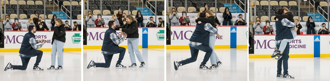 A series of photos showing a man bending down on one knee to propose marriage to a woman as they are on the ice at PPG Paints Arena in Pittsburgh