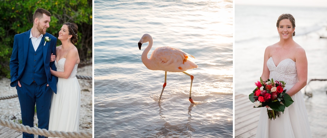 A bride and groom portrait, a wading flamingo and a bride holding flowers on the beach in Aruba.