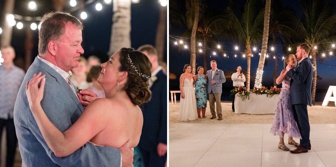 Parents dances under the palm trees on a beach in Aruba during a destination wedding.
