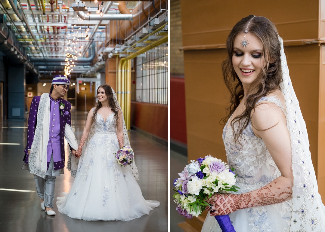 A bride and groom are pictured walking in the corridor at the Energy Innovation Center before their wedding.