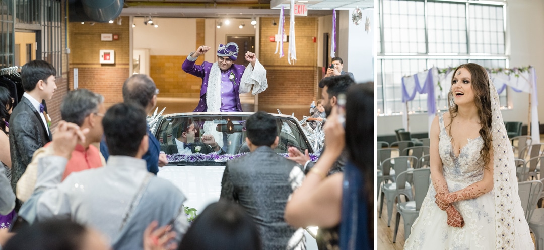 A bride watches as her groom approaches down the corridor in a convertible at the Energy Innovation Center before their wedding.