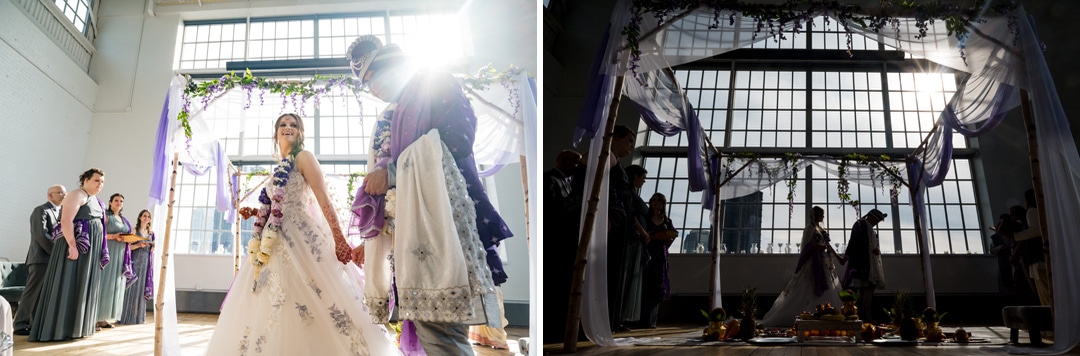 A couple walks hand in hand 7 times around the mandap during their wedding at the Energy Innovation Center.