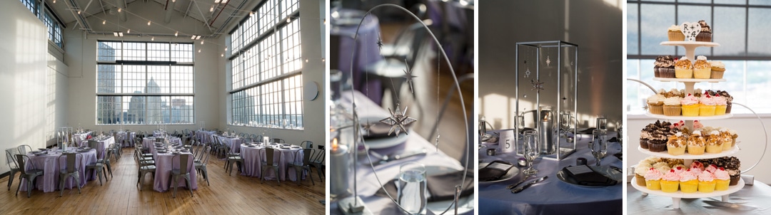 The ballroom at the energy innovation center is decorated for a wedding with purple and silver.