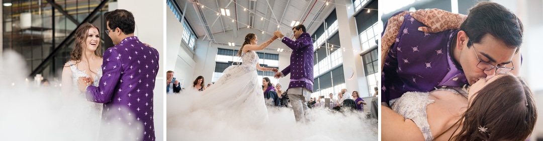 A couple shares a first dance in a fogged dance floor during their Energy Innovation Center wedding.