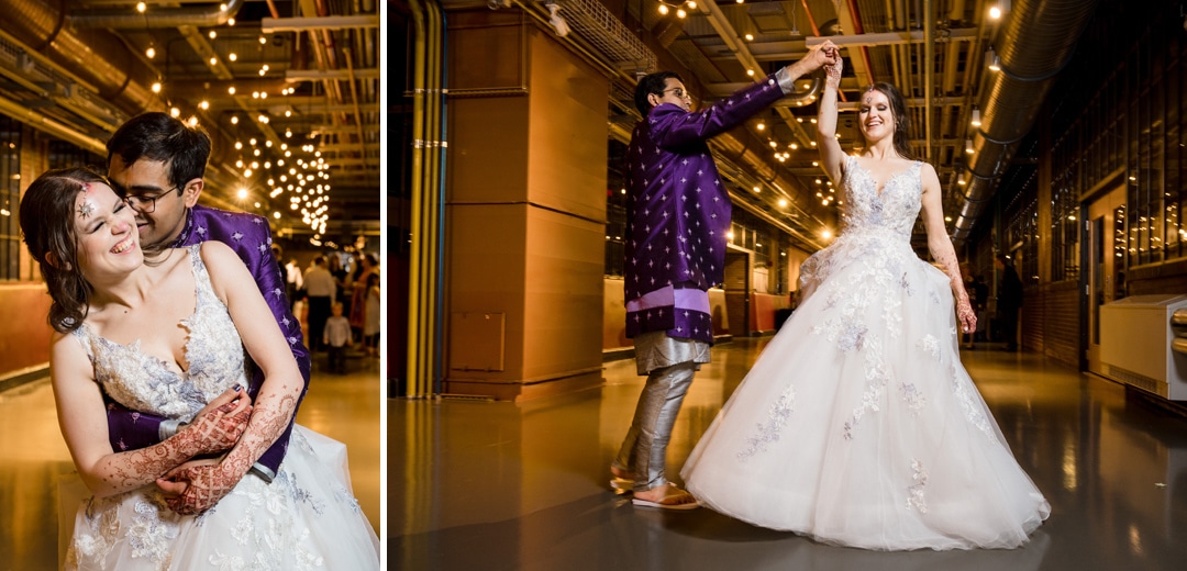 A bride and groom pose for portraits in the corridor of the Energy Innovation Center.