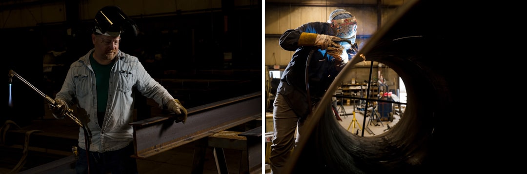 Industrial photography of welders in action at a fabrication facility near Pittsburgh.