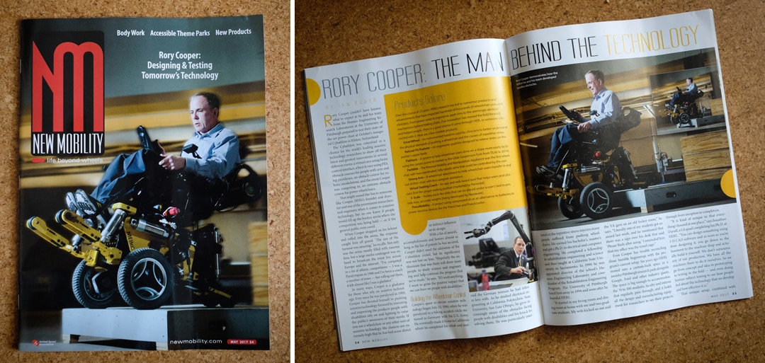 Tear sheets from a magazine showing an engineer demonstrating an all-terrain wheelchair.