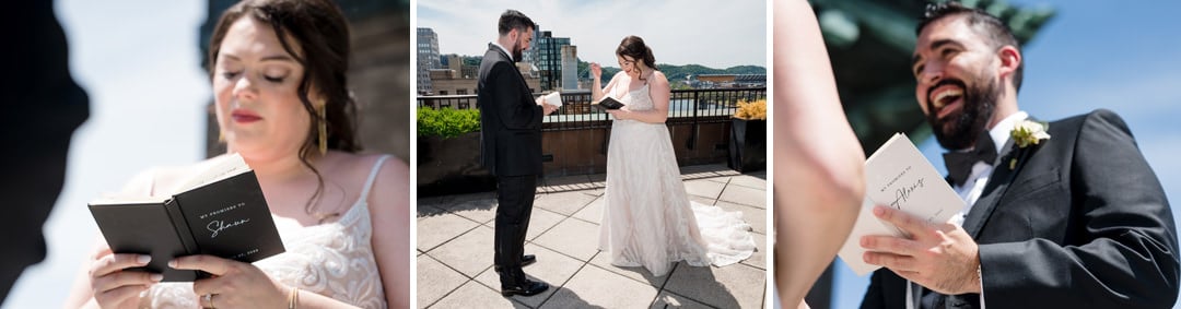 A bride and groom read their vows to each other before their light and airy wedding at the Renaissance.