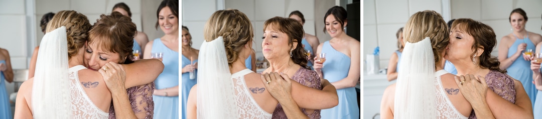 A sequence of photos of an emotional mother hugging and kissing her daughter who is wearing a wedding dress as she prepares for her wedding at the Pittsburgh Renaissance.