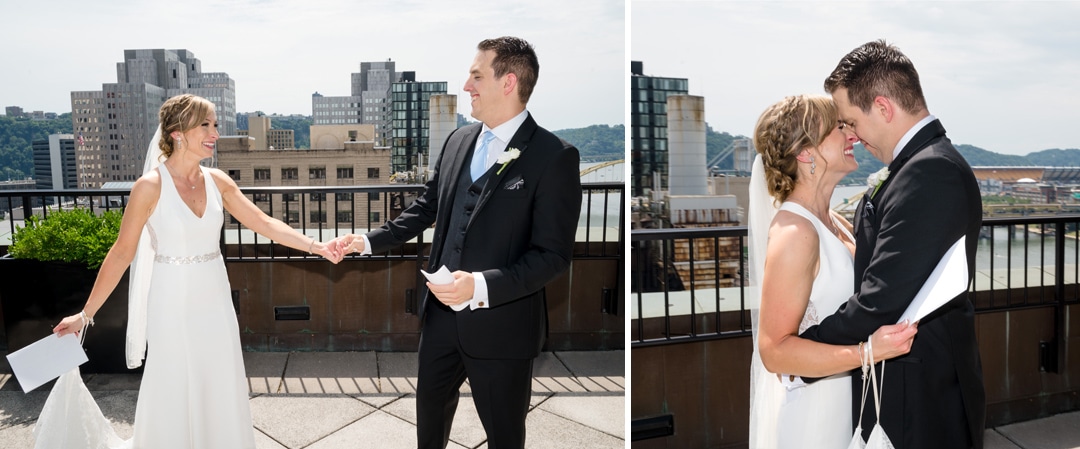 Two photos from a first look before a wedding at the Pittsburgh Renaissance. A bride and groom hold hands as they see each other in their wedding clothes for the first time. Then they embrace while touching foreheads.