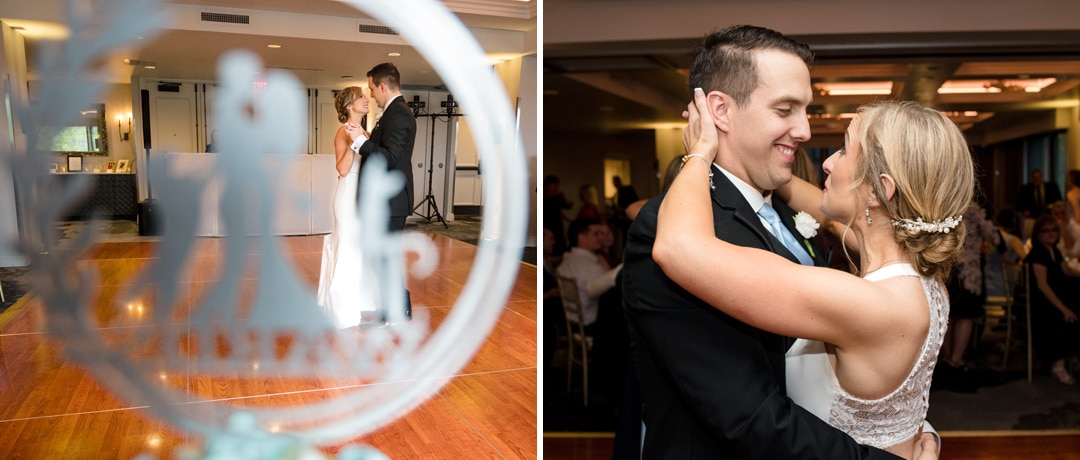 A bride and groom share their first dance as husband and wife at the Pittsburgh Renaissance hotel. One of the photos is seen through their wedding cake topper.