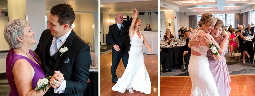 Three photos. The first is a groom dancing with his mom. The second is a bride being twirled by her dad. The third is the bride embracing her mother as guests look on during a wedding at the Pittsburgh Renaissance hotel.