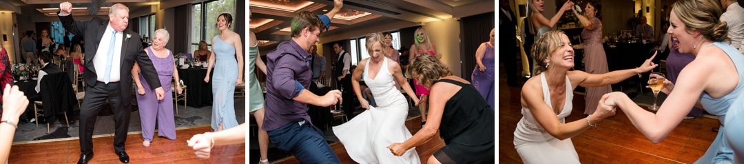 Three photos from the dance floor at a wedding at the Pittsburgh Renaissance hotel.