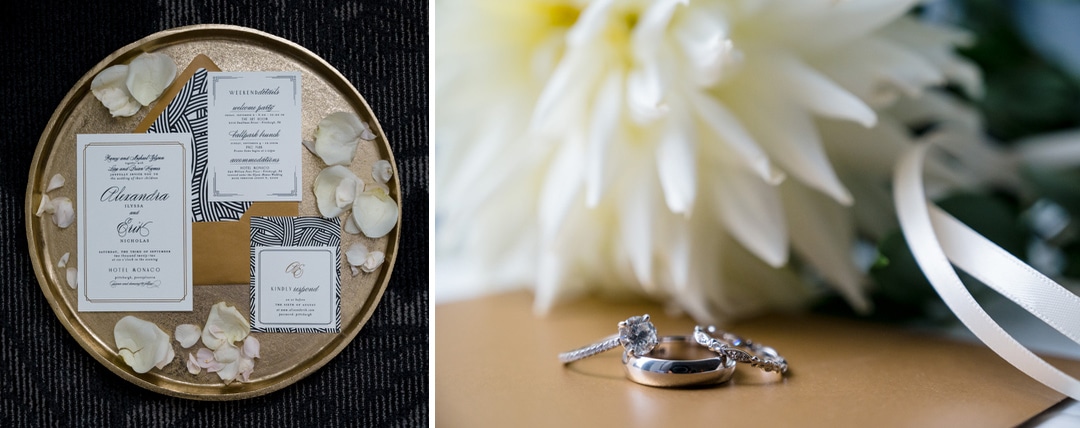 Detail photos of wedding invitations on a gold tray and wedding rings next to a white dahlia.