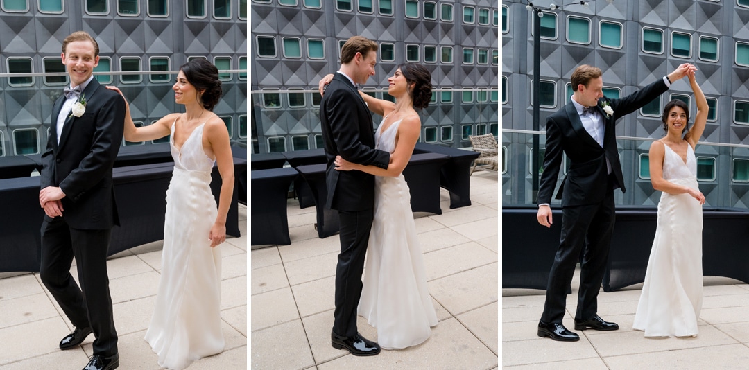 A series of photos of a bride and groom having a first look on a rooftop of the Hotel Monaco in Pittsburgh before their elegant wedding.