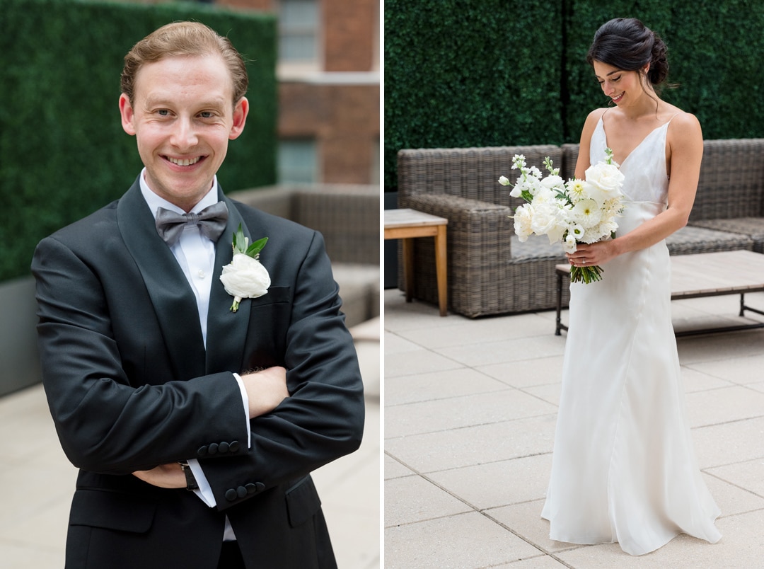 Two separate portraits of a bride in a white dress with a bouquet of white flowers and a groom wearing a black tuxedo with a white rose on his lapel.