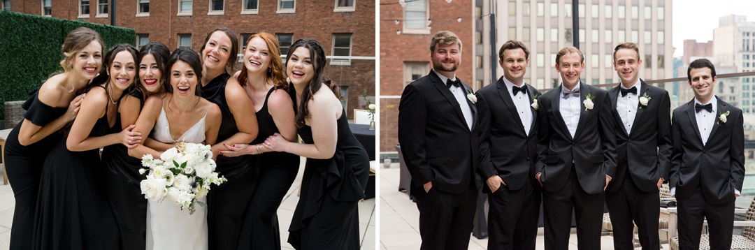 Two photos of a bride with her bridesmaids and a groom with his groomsmen on the rooftop of the Hotel Monaco in Pittsburgh.