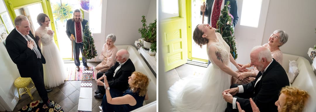 A bride and groom stand before their seated parents and ask for their forgiveness and blessings prior to their wedding. A bride kneels before her mom and they laugh.