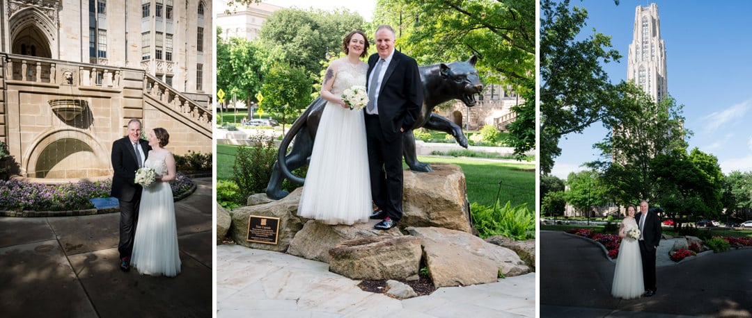 Three photos of a bride and groom outside of the Cathedral of Learning on the University of Pittsburgh campus.