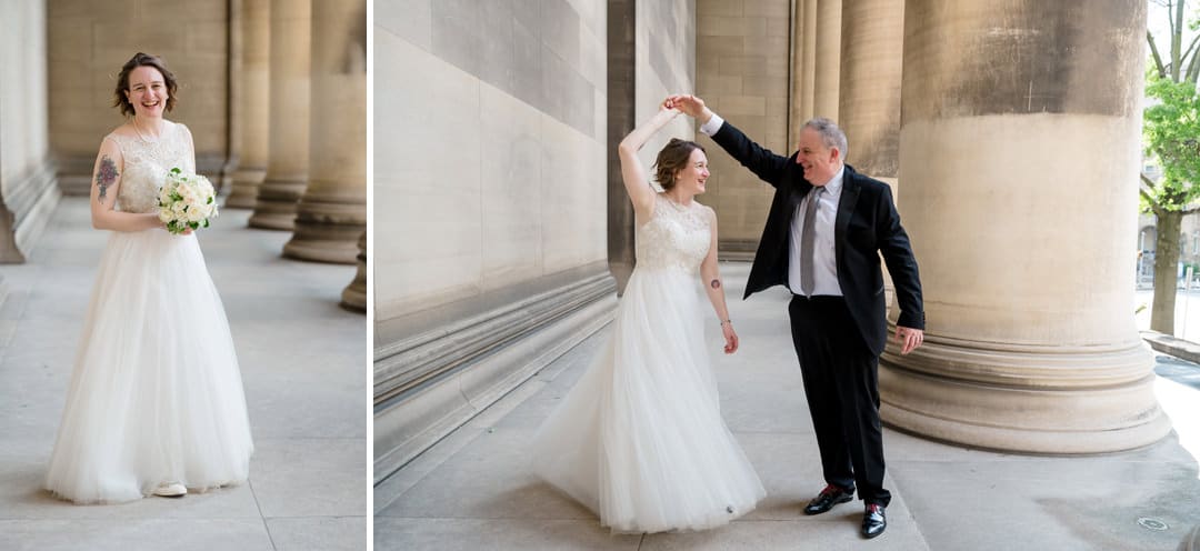 Two photos of a bride and groom at the Mellon Institute in Pittsburgh on their wedding day. One is the bride holding a bouquet of flowers and the other is the couple dancing.