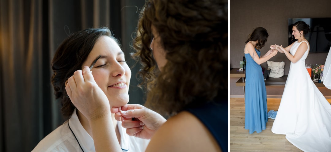 Two scenes: On the left, a woman smiling with closed eyes as her makeup is expertly applied in The Art Room. On the right, two women in a room; one in a blue dress helps the other in a white gown with jewelry for her wedding.