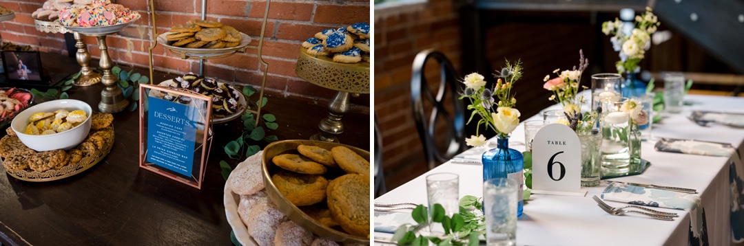 Left side: A dessert table in The Art Room Wedding with cookies, pastries, and a menu. Right side: A dining table set with flowers, candles, and a Table 6 sign. Both settings are elegantly arranged against a rustic brick wall backdrop.