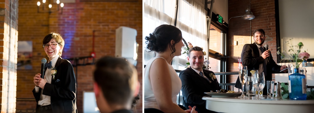 Image showing two scenes: On the left, a person in a suit smiling and holding a microphone at The Art Room Wedding, speaking to seated guests. On the right, a person giving a speech with seated newlyweds listening attentively. The setting exudes celebration and joy.