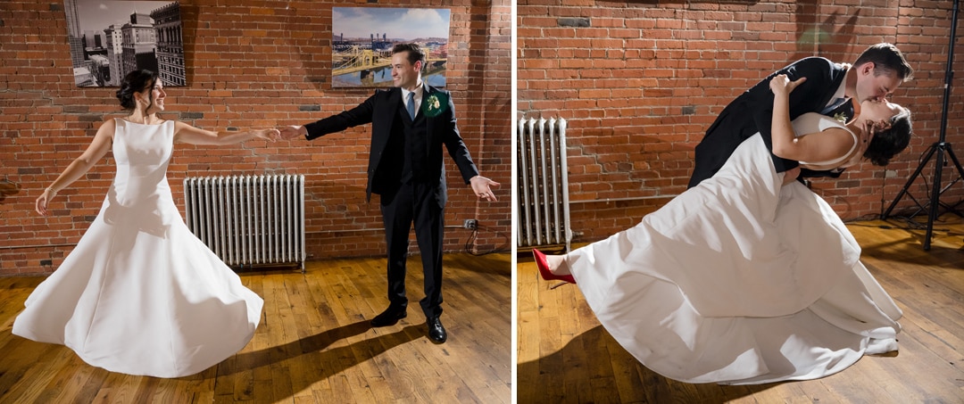 A couple in formal attire is dancing in The Art Room Wedding, a rustic space with brick walls. On the left, they hold hands and smile; on the right, the man dips the woman. She is wearing a white dress, while he dazzles in a black suit.