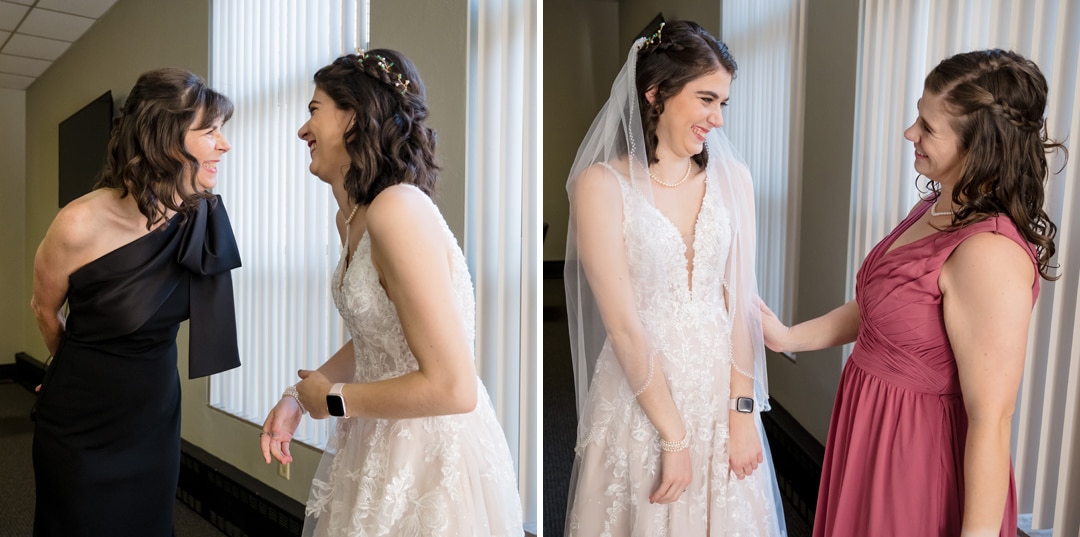 Two photos capture a young woman in a wedding dress, beaming with joy alongside two different women. In the first, she stands with a woman in a black dress, and in the second, another in a red dress. Theyre indoors at Saint-Anne-Church in Pittsburgh, framed by vertical blinds.