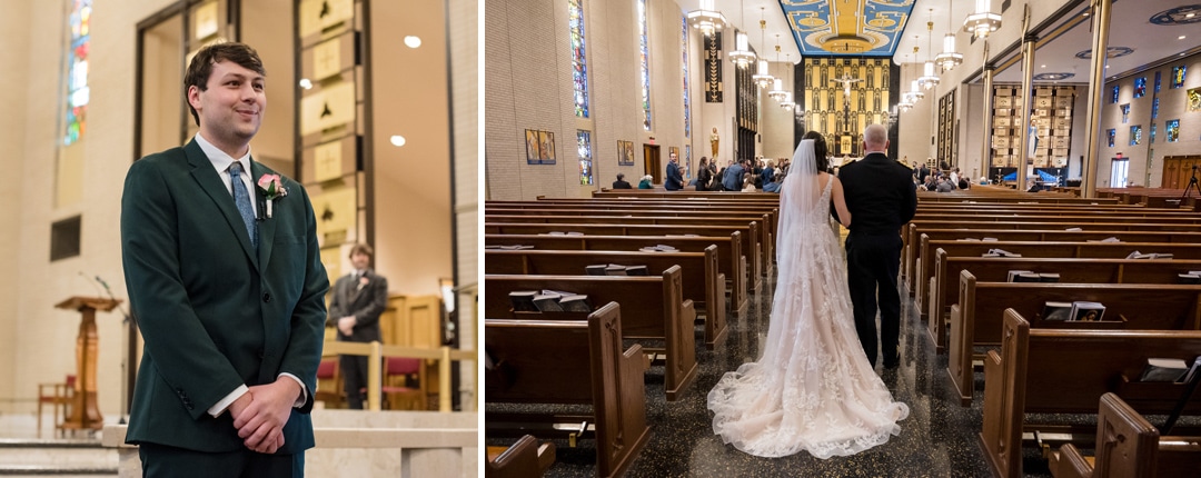 Groom in a dark suit stands at the altar of Saint-Anne-Church in Pittsburgh, smiling. On the right, a bride in a white gown walks down the aisle with a companion. The churchs stained glass and wooden pews are filled with guests celebrating this elegant wedding.
