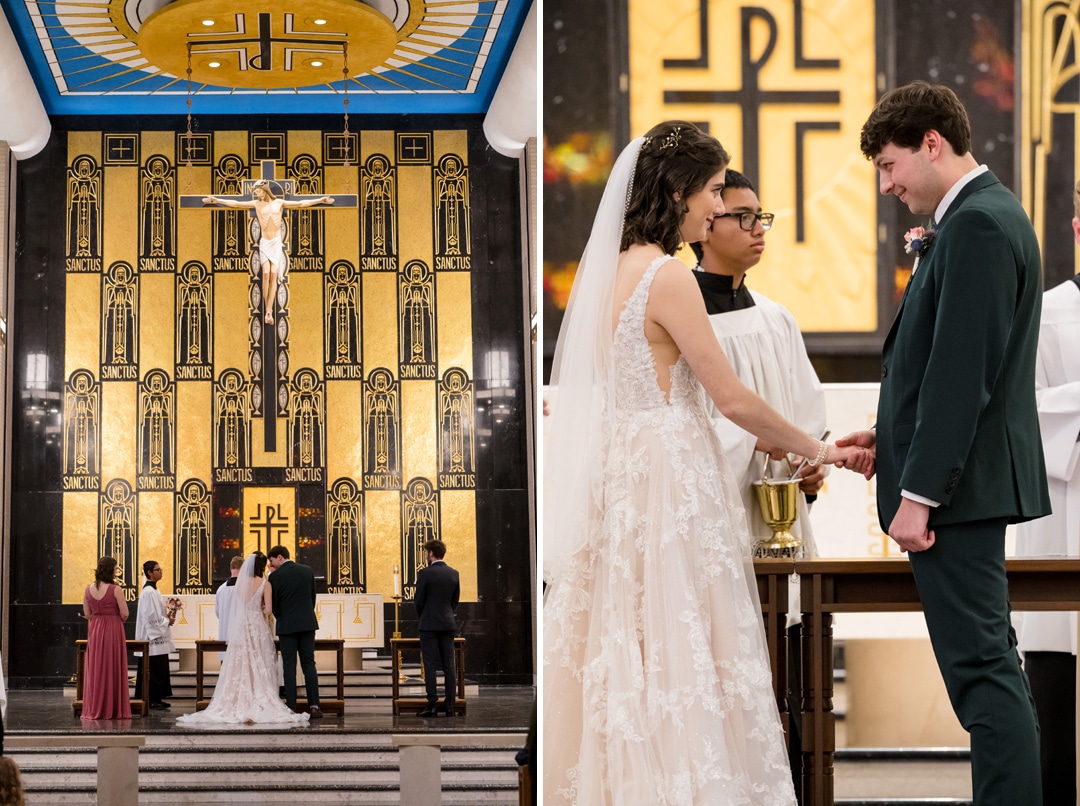 Left: Couple stands at the altar of Pittsburgh’s grand Saint-Anne-Church, adorned with gold and black decor. Right: Close-up of the bride and groom holding hands during their wedding ceremony, assisted by a young person in a white robe.