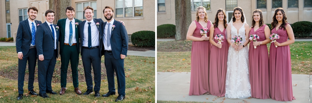 Two photos side by side: Left shows five groomsmen outdoors in suits with boutonnières. Right shows five bridesmaids in mauve dresses holding bouquets, standing beside a bride in a white lace gown. Both groups are smiling joyfully at their Pittsburgh wedding near Saint-Anne-Church.