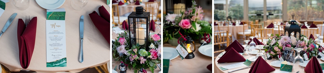 A collage of three images captures the essence of a Springwood wedding in Pittsburgh: elegant table settings featuring menus with burgundy napkins, black lanterns nestled among pink and purple flowers, and tables with gold chairs against a lush, green outdoor backdrop.