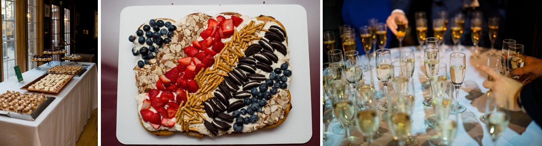A collage of three images: a table with assorted pastries, a cheese board with strawberries, blueberries, pretzels, and cookies at a Springwood wedding near Pittsburgh, and a person reaching for glasses of champagne on the table.