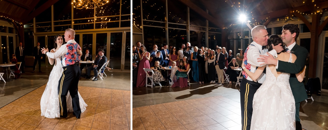 A bride in a white gown dances with a man in a military uniform on the wooden dance floor at Springwood. In the next image, they embrace another man in a suit. Guests watch in delight at this charming Pittsburgh venue, warmly lit for the occasion.