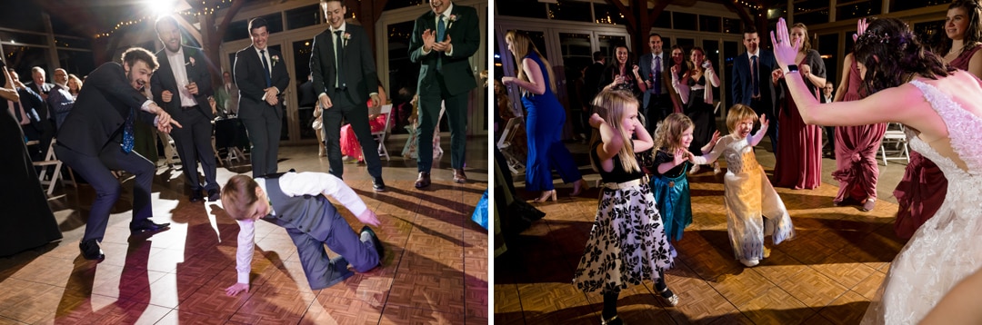 Left image: At a Springwood reception, a group of people in formal attire cheer on a boy dancing energetically. Right image: Children dressed in costumes join a bride on the dance floor, mimicking her raised arms with enthusiasm during this vibrant Pittsburgh wedding.