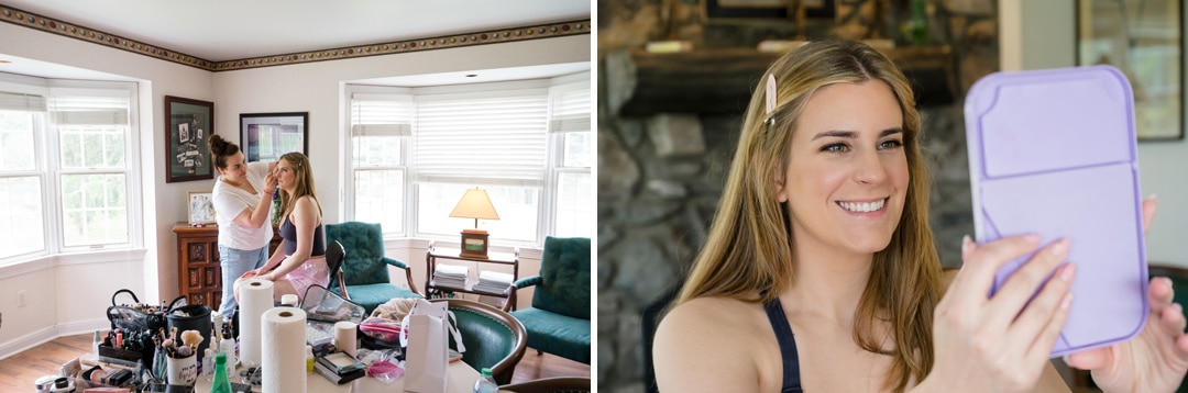 Two side-by-side photos: On the left, a woman does another woman’s makeup in a living room with natural light; on the right, the woman smiles while looking into a purple handheld mirror.