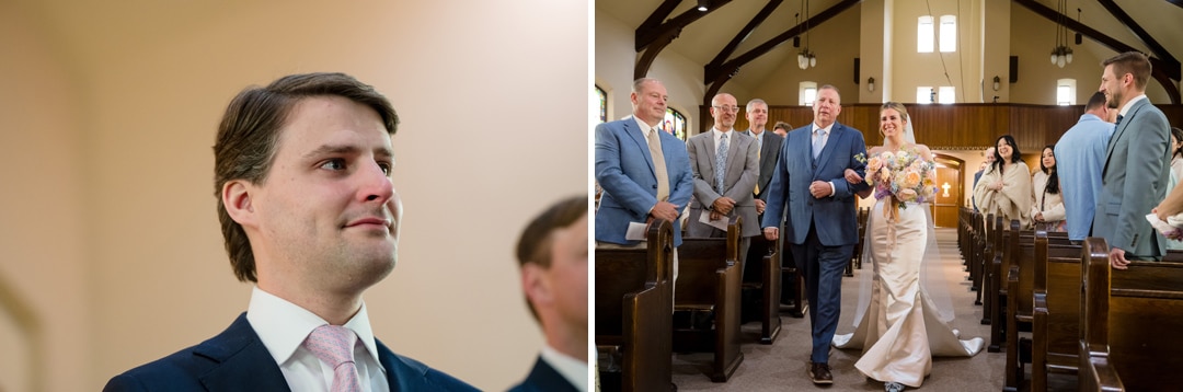 A groom stands with emotion on his face as he watches a bride, escorted by an older man, walk down the aisle in a church filled with smiling guests.