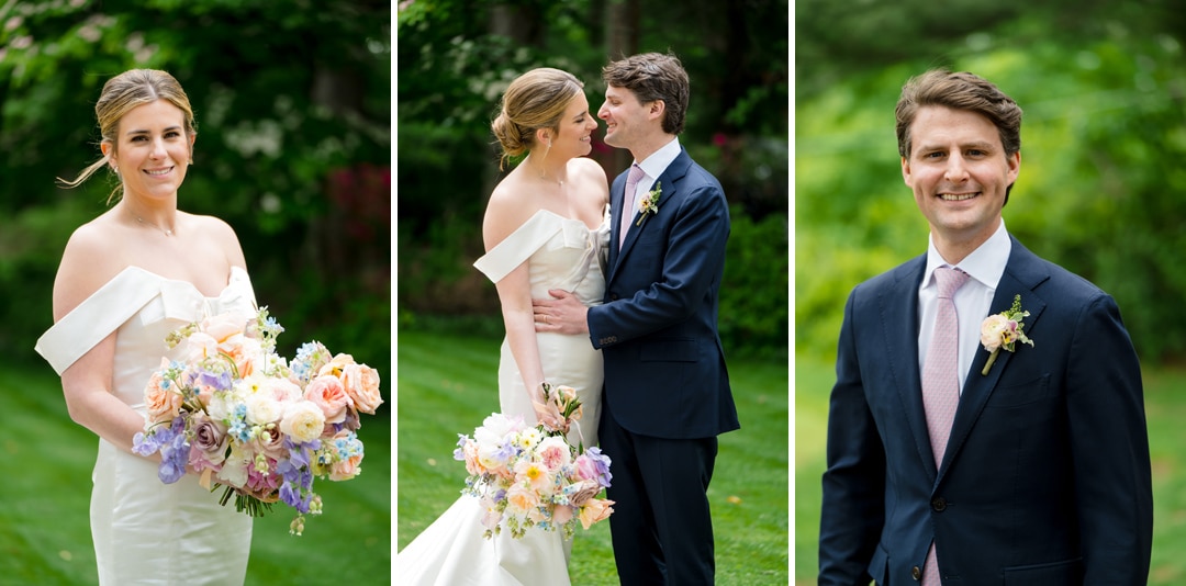 A bride holding a pastel bouquet, a bride and groom smiling at each other, and a groom in a suit with a boutonniere, all outdoors on a green lawn with trees and foliage in the background.