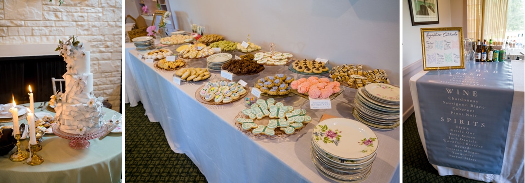 A dessert table with assorted cookies, pastries, and decorative plates is set up for a celebration. Nearby, a large white cake and a drink menu are displayed on separate tables.